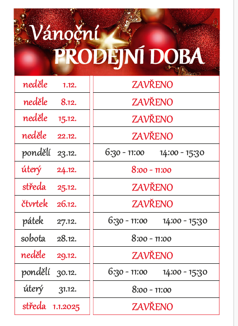 Prodejna- vánoční prodejní doba prosinec