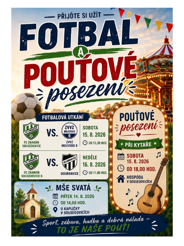 Pozvánka na pouťové posezení, fotbalové utkání a Mši svatou 14.-16.8.2026